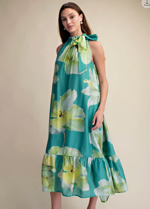 Ruffle Neck Tie Sleeveless Midi Floral Dress
