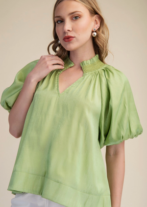 Stitch Detail Ruffle Smocked V-Neck Short Sleeve Blouse