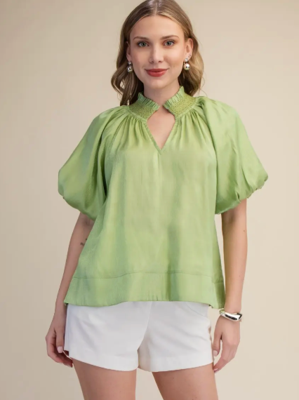 Stitch Detail Ruffle Smocked V-Neck Short Sleeve Blouse