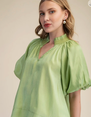 Stitch Detail Ruffle Smocked V-Neck Short Sleeve Blouse