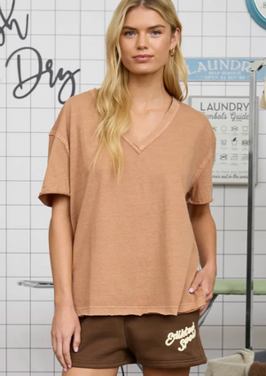 WASHED RELAXED SHORT SLEEVE V NECK KNIT TOP