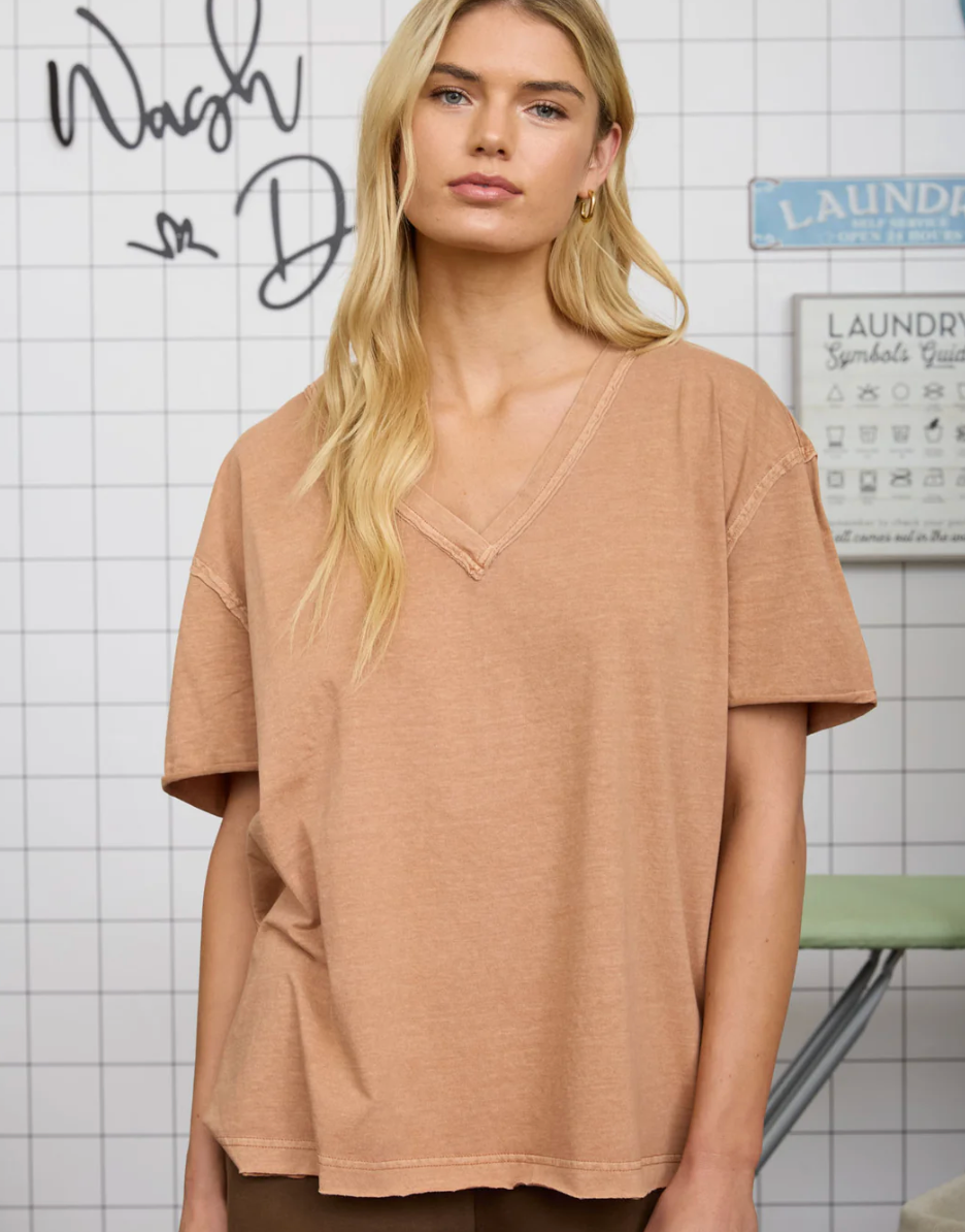 WASHED RELAXED SHORT SLEEVE V NECK KNIT TOP