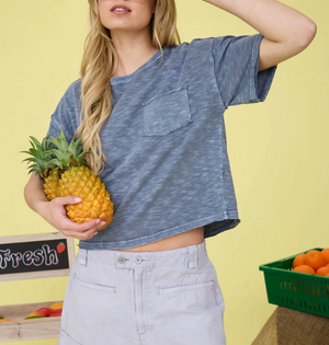 RAW EDGE EXPOSED SEAM SHORT SLEEVE BURNOUT KNIT CROP TOP