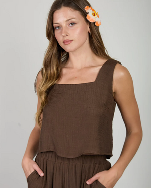 TEXTURED SQUARE NECK BACK BUTTON TANK TOP