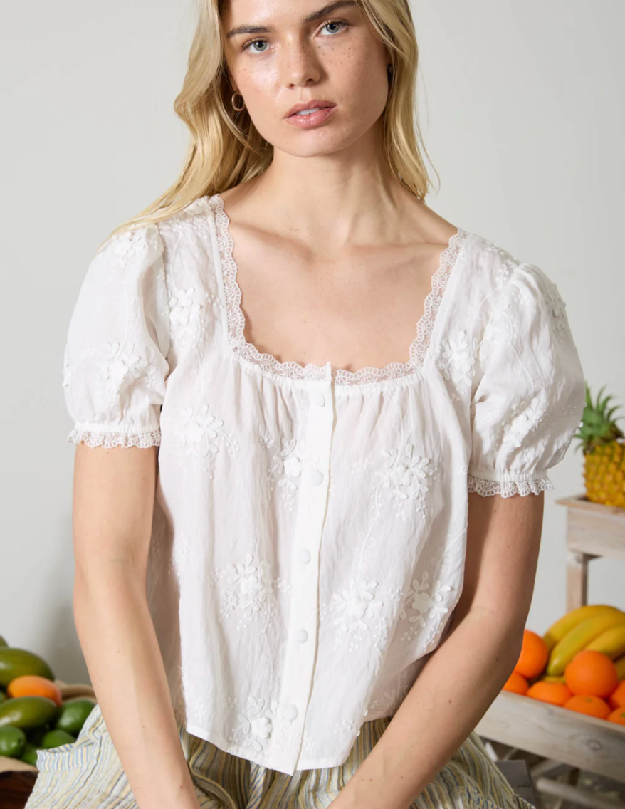 FLORAL EMBROIDERY LACE TRIM PUFF SLEEVE TOP