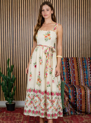 FLORAL BORDER PATTERN BELT STRAP MIDI DRESS