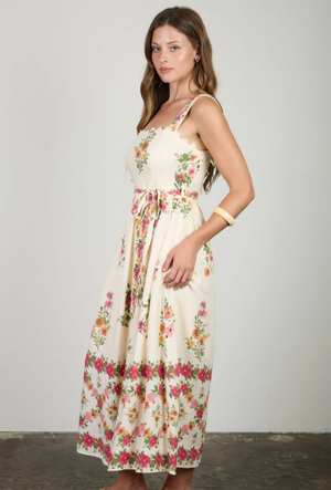 FLORAL BORDER PATTERN BELT STRAP MIDI DRESS