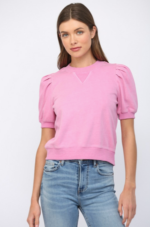 Short Pleated Bubble Sleeve Crew Neck Top