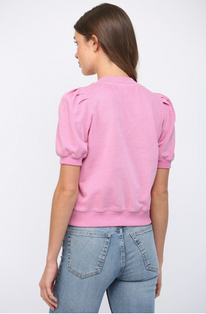 Short Pleated Bubble Sleeve Crew Neck Top