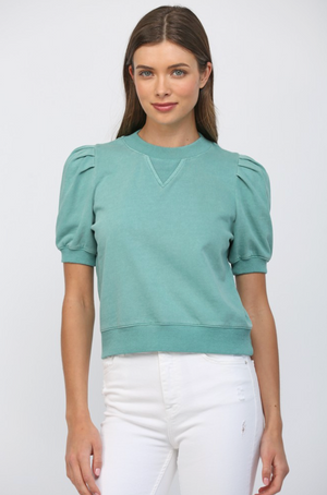 Short Pleated Bubble Sleeve Crew Neck Top