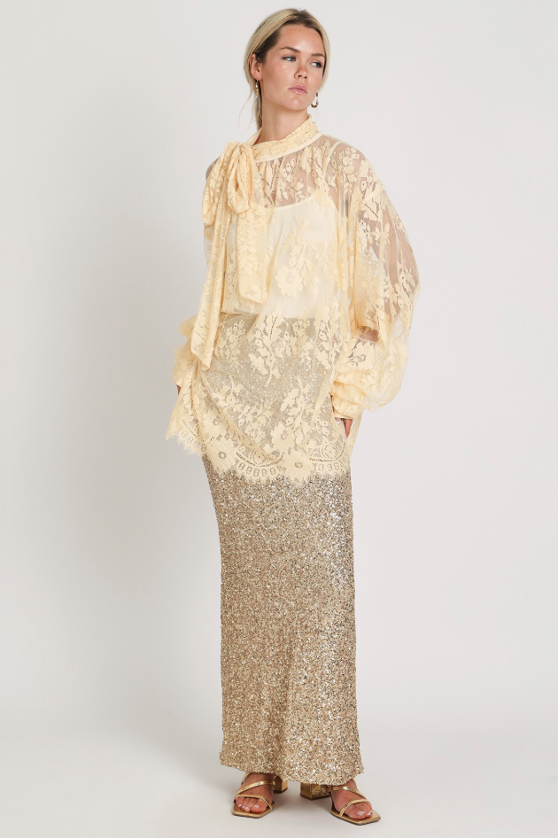 Sequined Mesh High Waisted Maxi Pencil Skirt