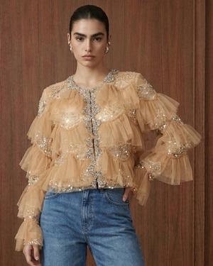Embellished Tiered Ruffle Mesh Jacket
