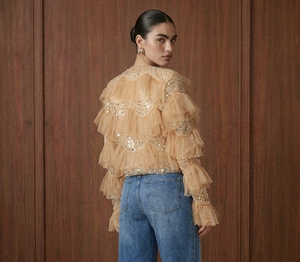 Embellished Tiered Ruffle Mesh Jacket