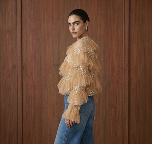 Embellished Tiered Ruffle Mesh Jacket