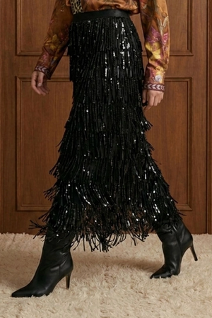 Tiered Sequin Fringe Column Skirt