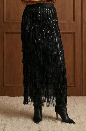 Tiered Sequin Fringe Column Skirt