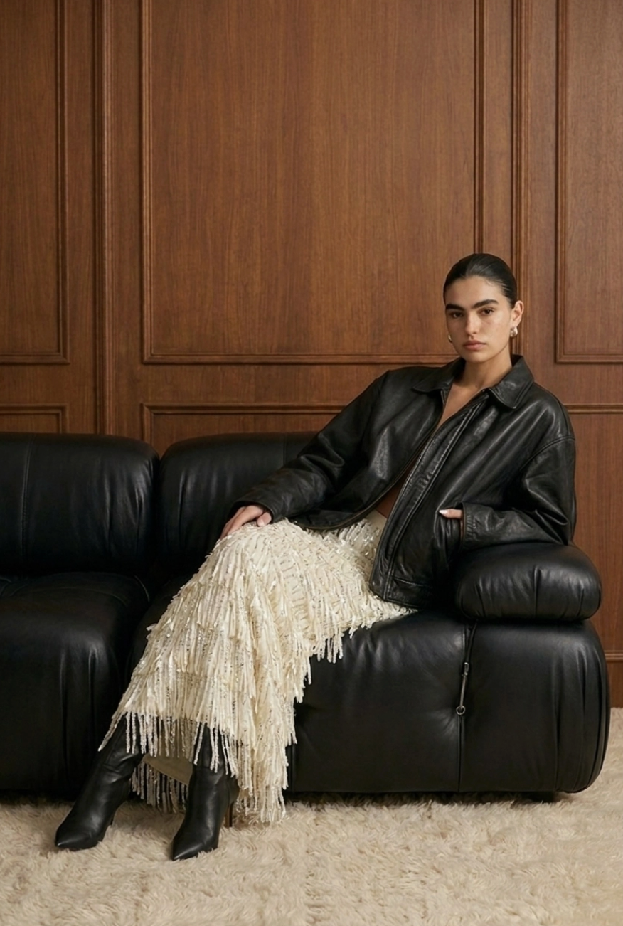 Tiered Sequin Fringe Column Skirt