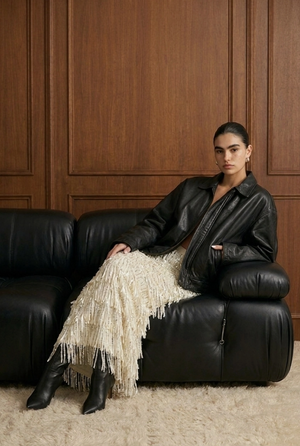 Tiered Sequin Fringe Column Skirt