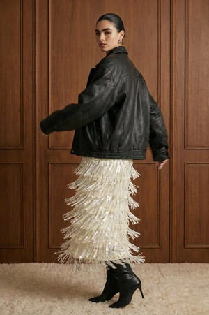 Tiered Sequin Fringe Column Skirt