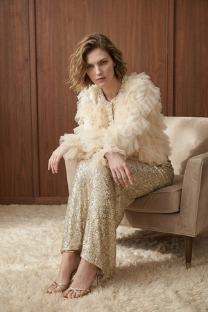 Pearl-Embellished Tulle Ruffle Jacket