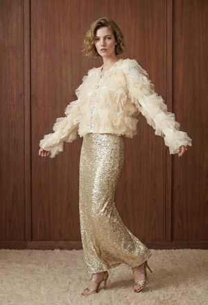 Pearl-Embellished Tulle Ruffle Jacket