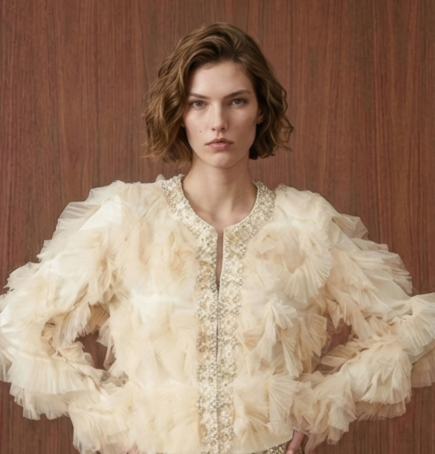 Pearl-Embellished Tulle Ruffle Jacket