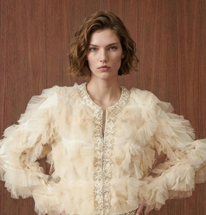 Pearl-Embellished Tulle Ruffle Jacket