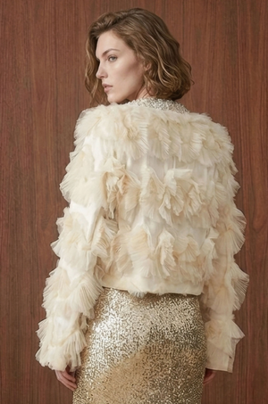 Pearl-Embellished Tulle Ruffle Jacket