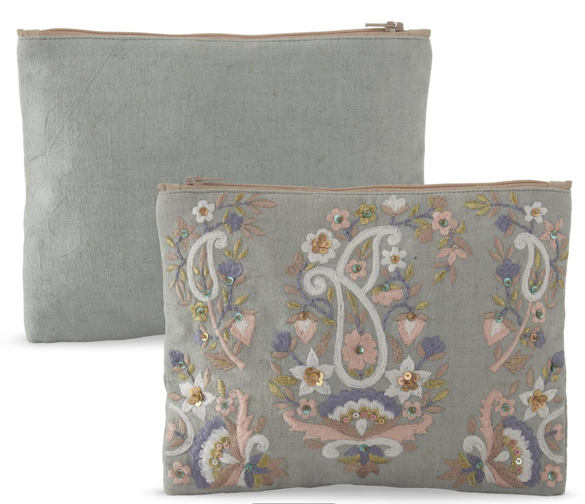 Floral Beaded Cosmetic Bag: Blue