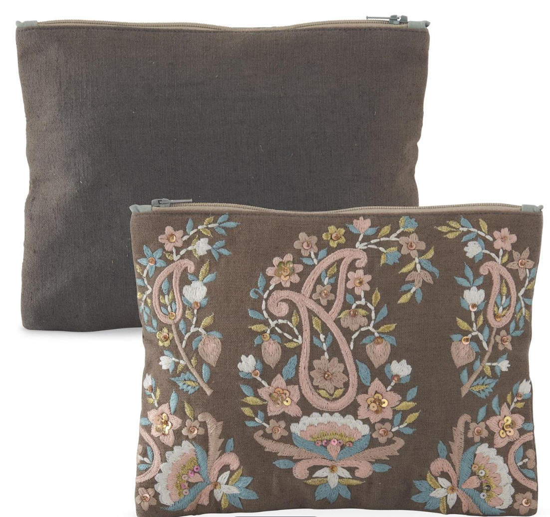 Floral Beaded Cosmetic Bag: Taupe