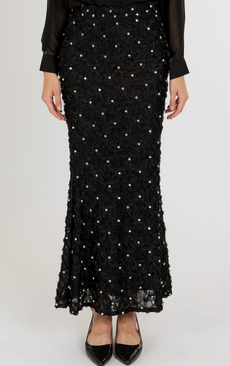 Full Length Lace and Crystal Skirt: Black