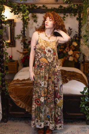 Golden Hour Bohéme Long Maxi Slip Dress w/ Floral Print: S/M (fits approx. size 6-10)