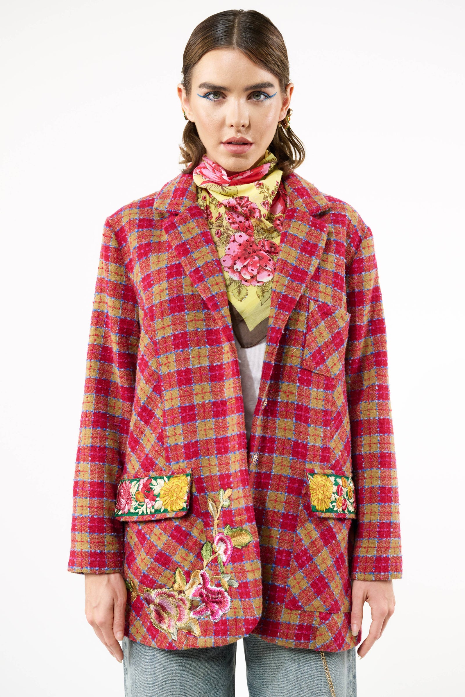 Coco Boucle Lined Blazer / Jacket : Fuchsia/Camel Combo / S