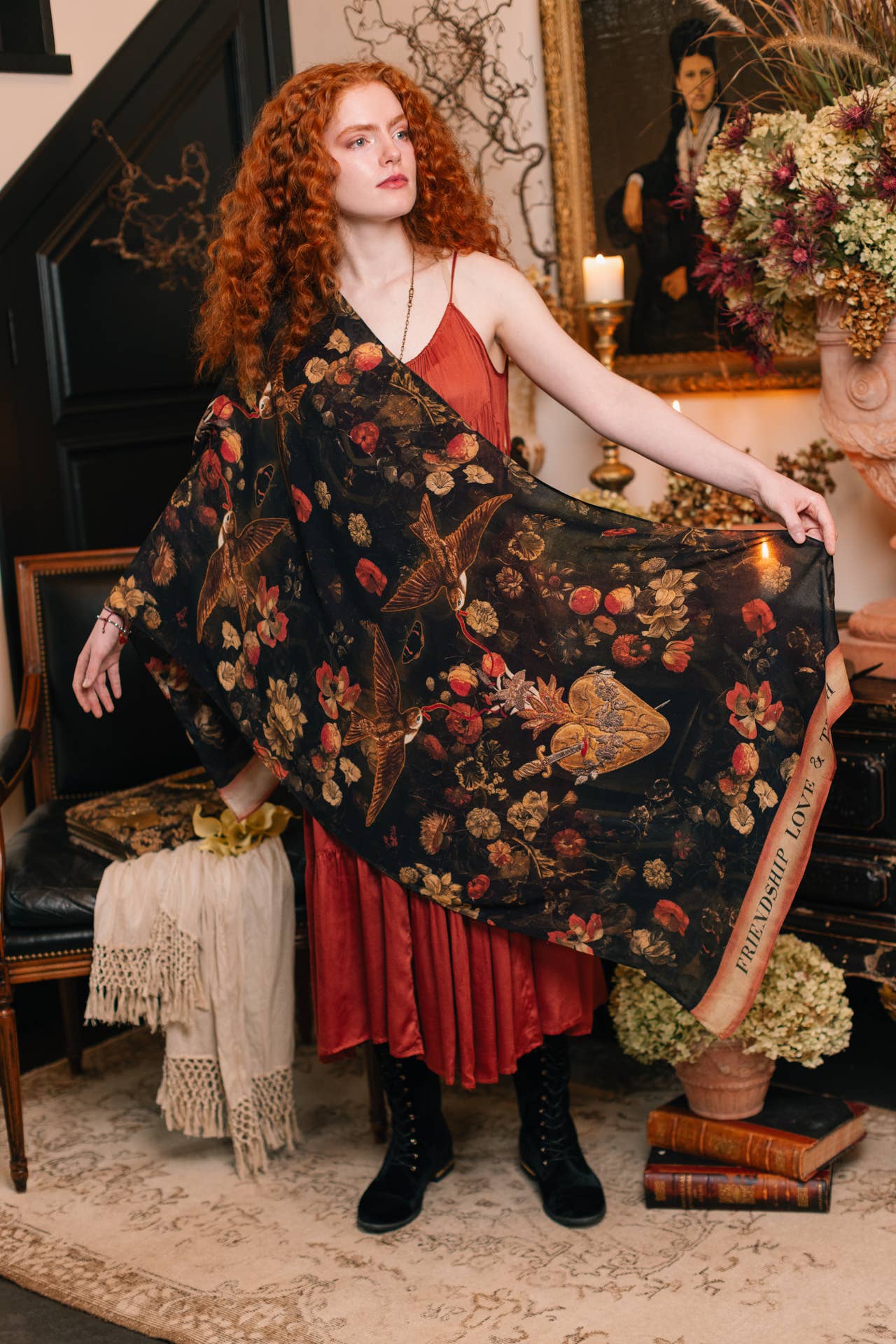 Heart of Gold Scarf with Swallows & Sacred Heart