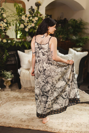 Honey & The Moon Bohéme Maxi Slip Dress w/ Florals & Bees