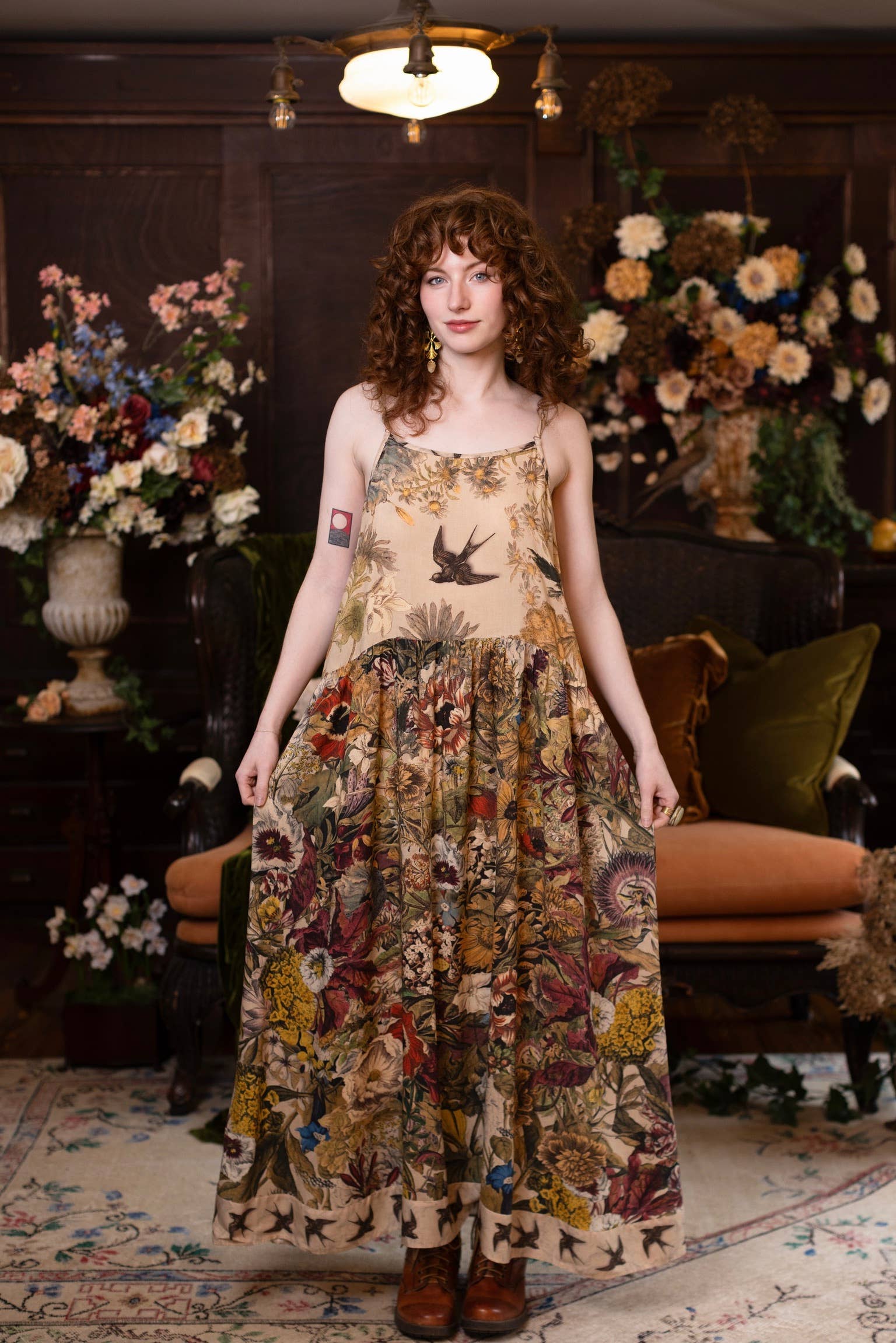Golden Hour Bohéme Long Maxi Slip Dress w/ Floral Print: S/M (fits approx. size 6-10)