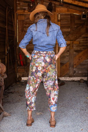 Love Language Linen Cropped Artist Pant w/ Flowers: Original O/S