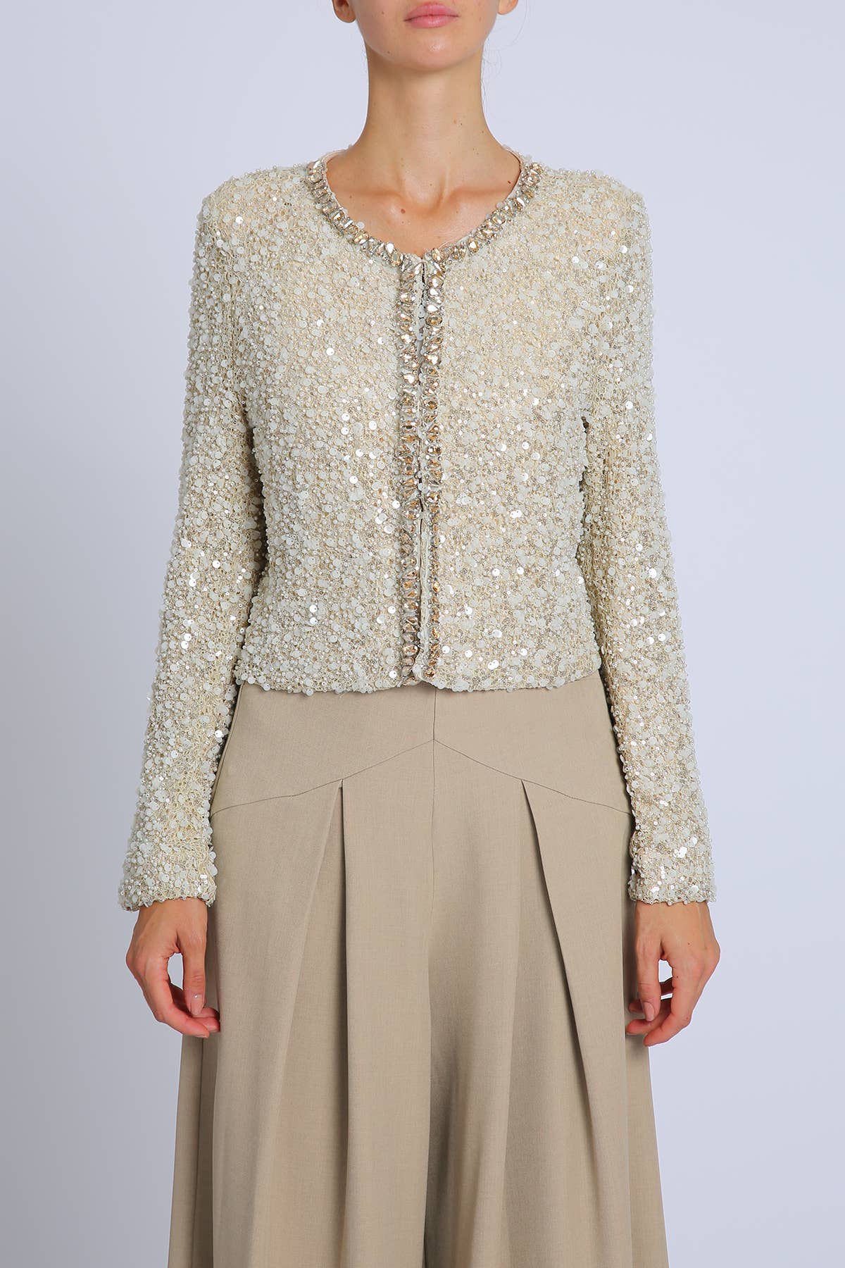 Sequined & Embellished Jacket: Beige