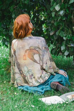 Lovelight Pixie Cropped Kimono w/ woodland swallow & stars