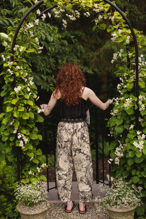 Honey & The Moon Linen Crop Artist Pant w/ Boho Floral Print