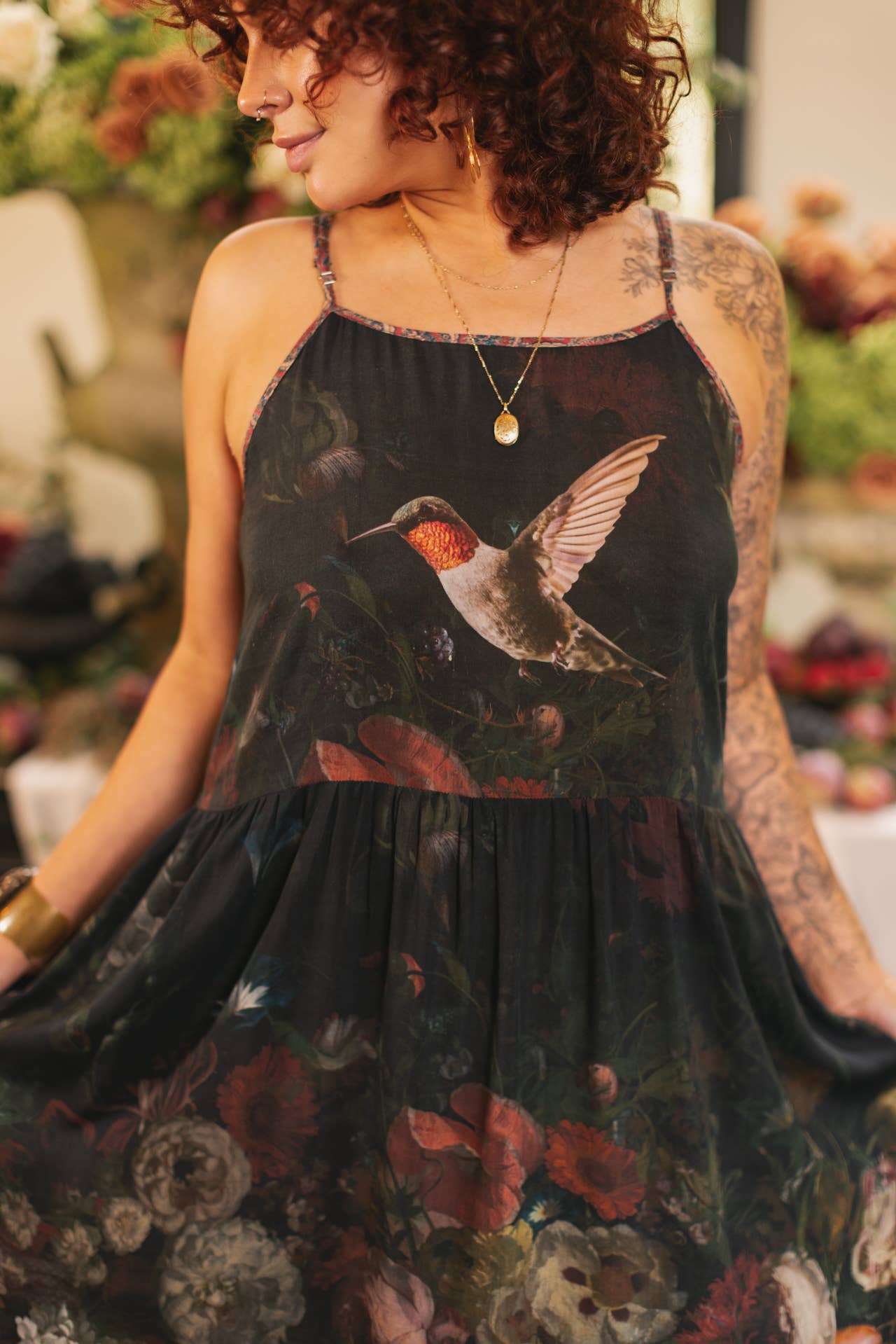 Flight of Fancy Bohme Long Maxi Slip Dress w/Hummingbirds: L/XL (fits -  That's Invintage