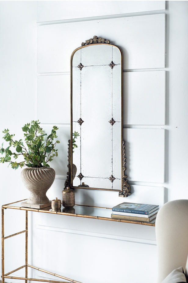 Antique Gold Arched Wall Mirror with Medallion Accents