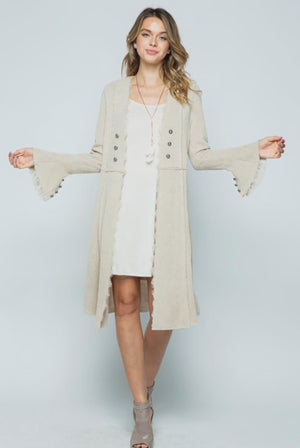 FLARED CUFF LONG SLEEVE KNIT OPEN FRONT JACKET WITH LACE